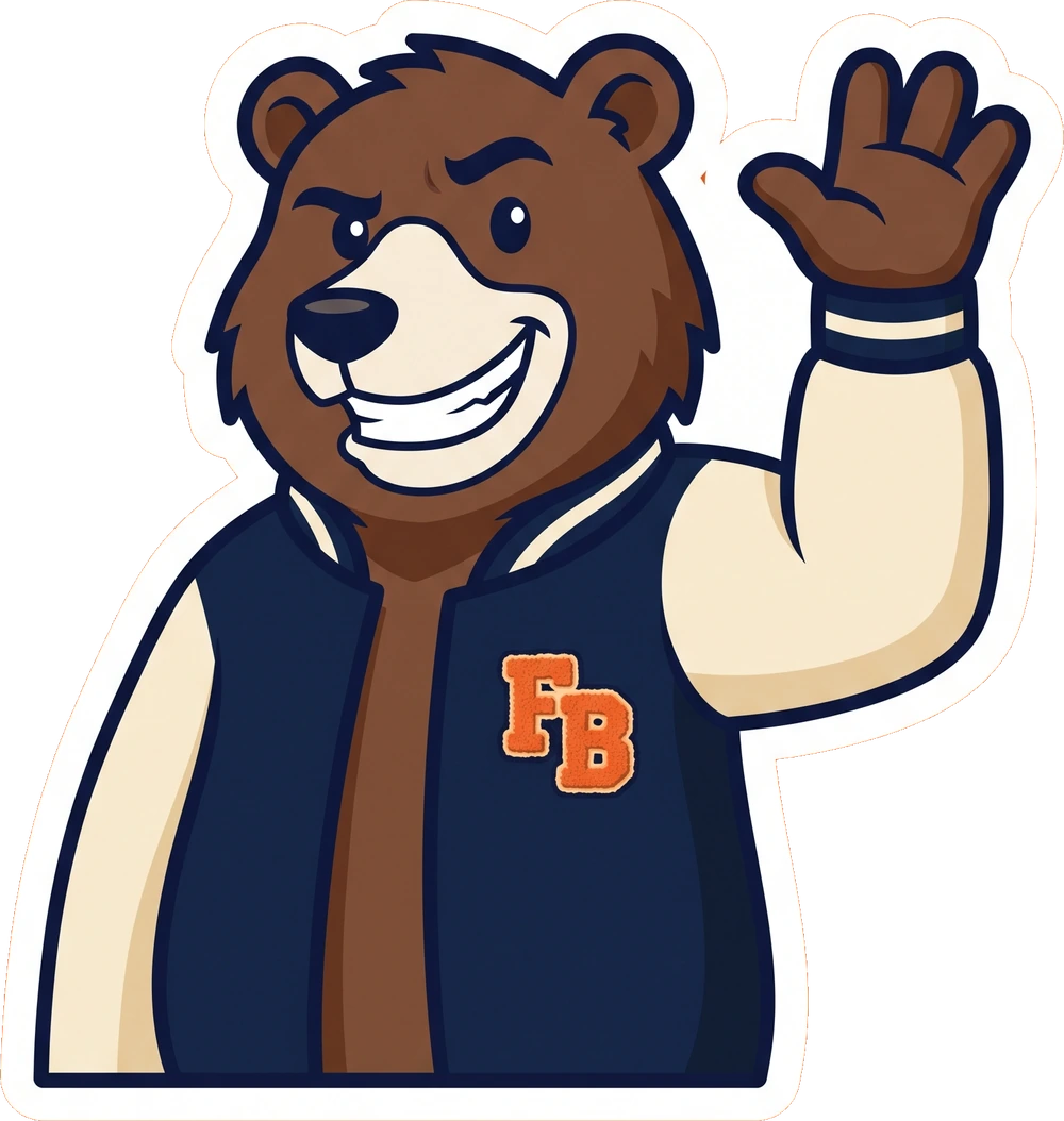 Fratty Bear, the brown bear mascot in a navy varsity jacket, waving — placeholder art pending official mascot